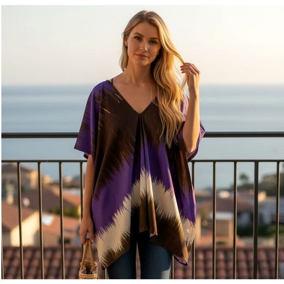 Ramona LaRue Tops - Ramona LaRue Silk Multicolor Batwing V Neck Pullover Blouse Size S